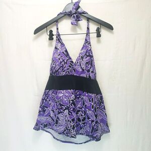 Inches Off Purple Floral Swim Dress Tankini Top Halter Plus Size 20W Swimwear
